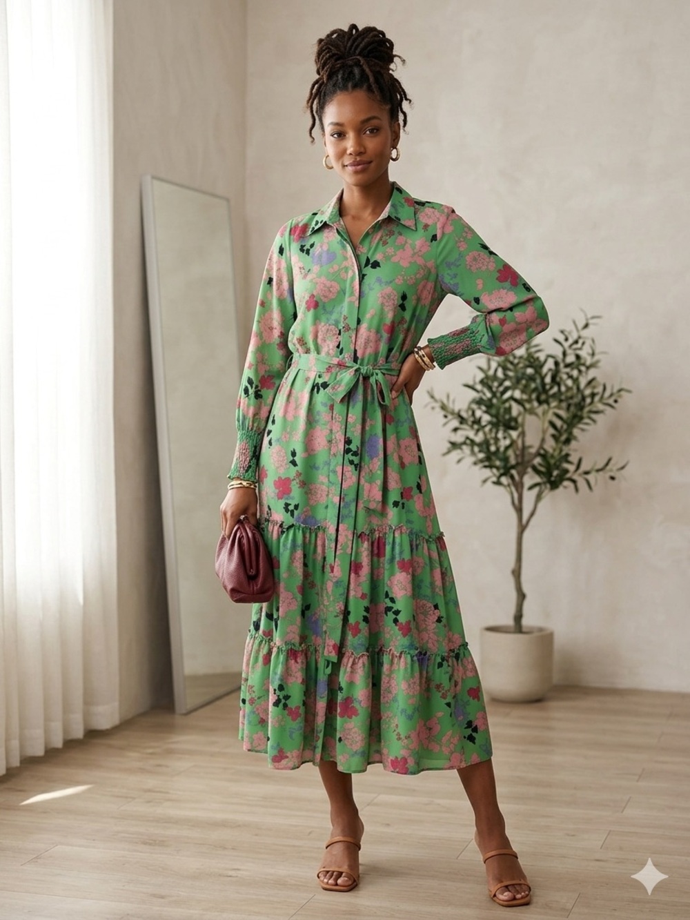 Misa Los Angeles Green Floral Maxi Dress with Pink Bloom Print.  H - Picture 6 of 6